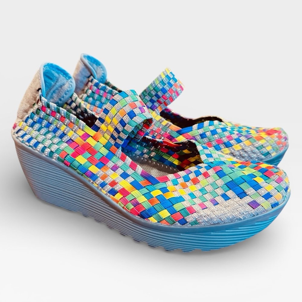 Woven Wedge Mult Color Cheerful Slip on Flexible Cute Shoes size 11 M